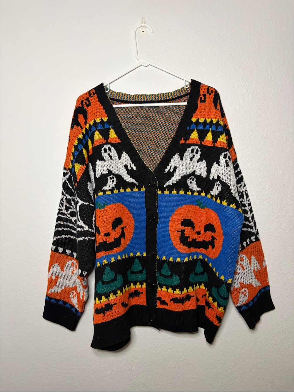 Halloween Pumpkin & Ghost Knit Cardigan Sweater Black/Orange/Blue Retro Style XL